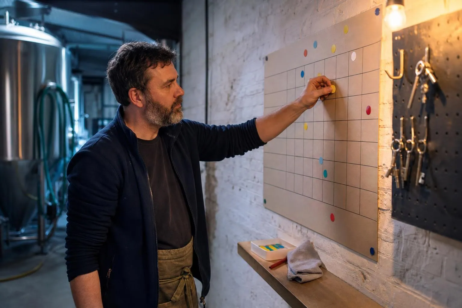 Un brasseur déplace une pastille de couleur sur un planning mural en carton accroché dans la salle de brassage