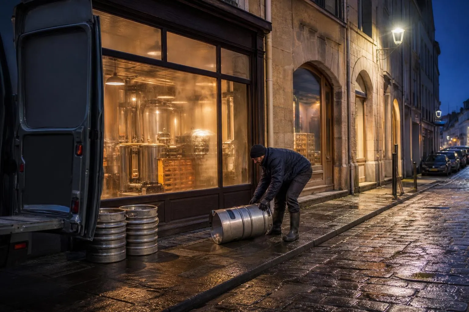 Un brasseur roule un fût en inox sur le trottoir devant la devanture vitrée éclairée de sa brasserie le soir