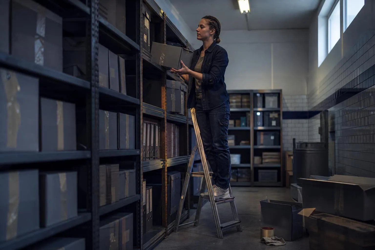 Une brasseuse descend une boîte d’archives d’une étagère métallique depuis un escabeau dans une réserve