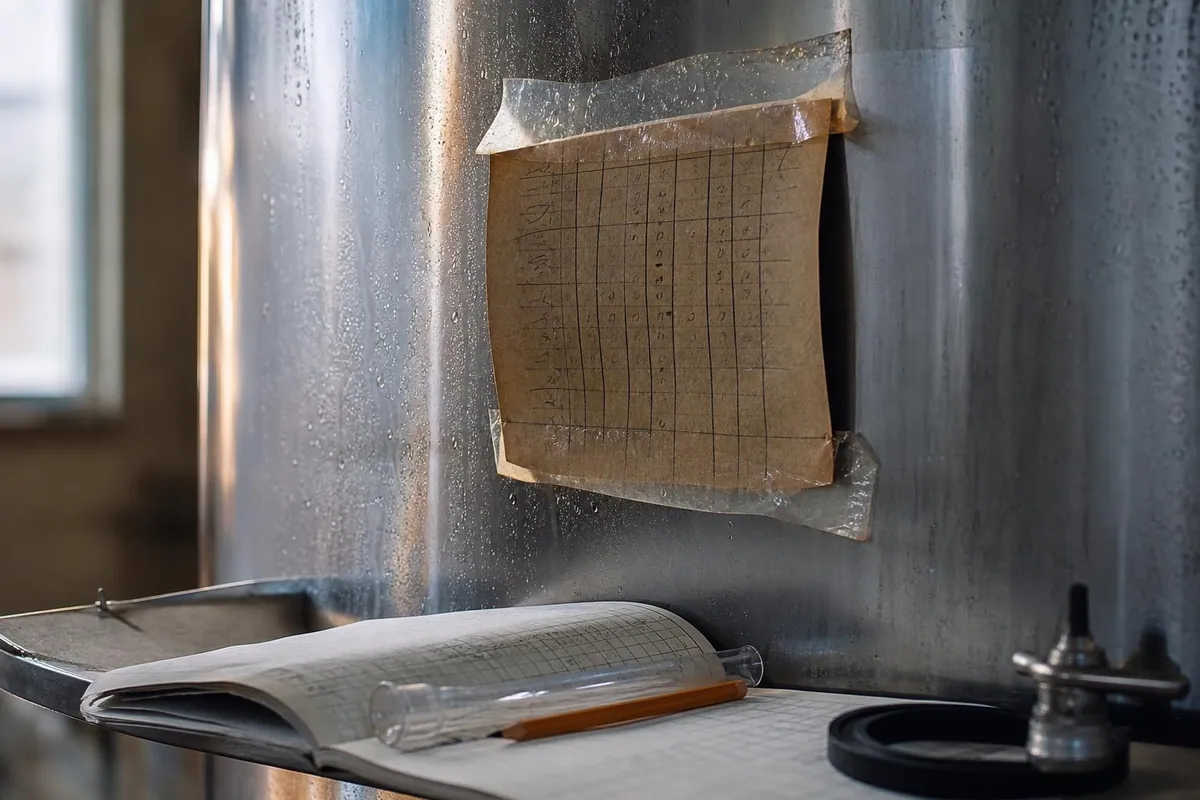 Gros plan d’une étiquette de lot manuscrite fixée au ruban adhésif sur une cuve en inox à côté d’un registre annoté