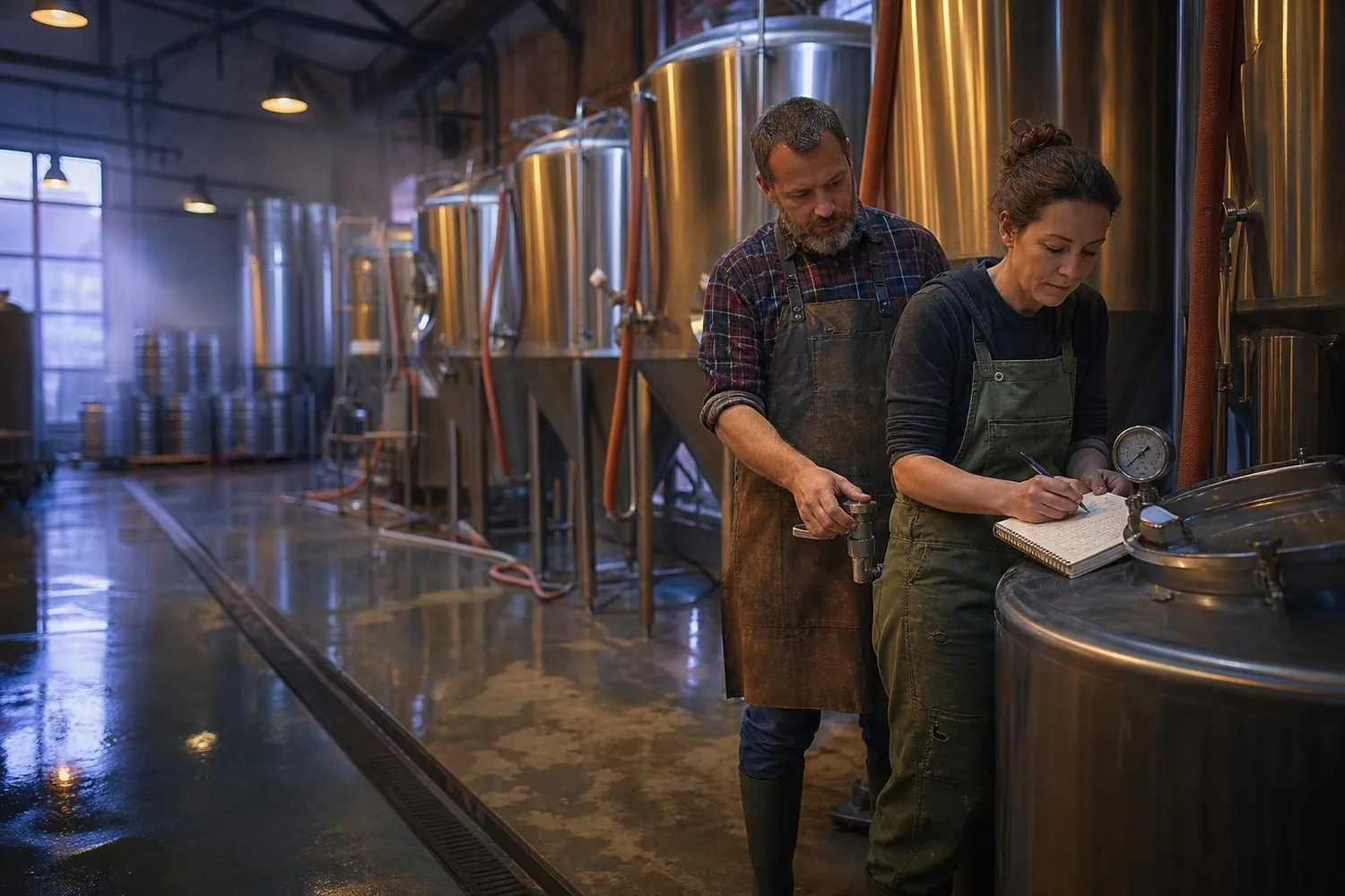 Deux brasseurs relèvent un volume de cuve sur un carnet dans une salle de brassage artisanale française