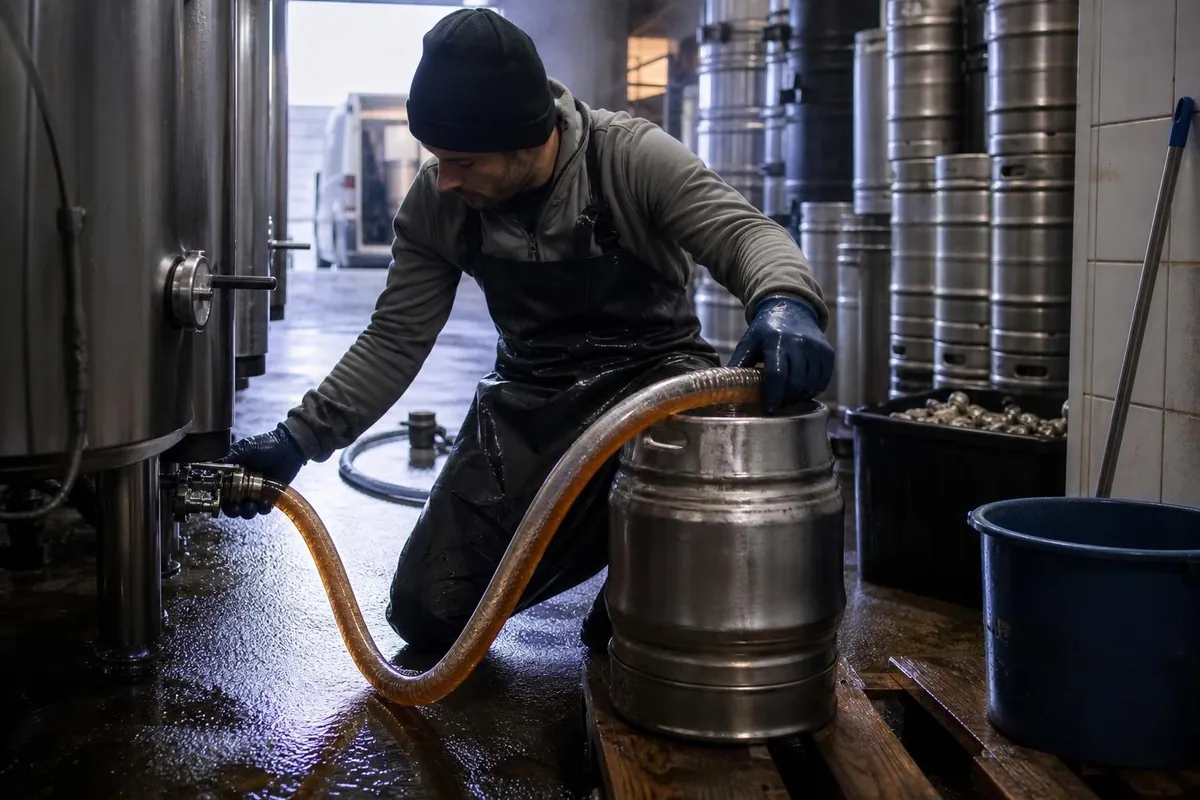 Brasseur agenouillé qui soutire une bière depuis une cuve de garde vers un fût en inox dans un atelier de conditionnement